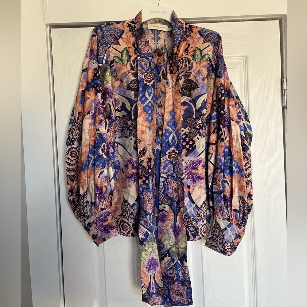 ZIMMERMANN Silk Multicolor Floral Blouse with Neck Tie